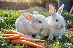 Two white rabbit is sitting on the grass