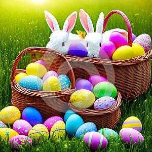 Two Rabbits In A Basket Of Easter Eggs