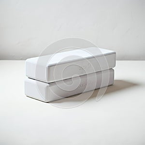Two white rectangular blocks stacked vertically on a flat surface