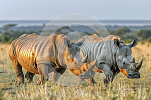 Two white rhinoceros on savannah