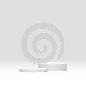Two white round pedestal podiums that contiguous base. For place goods or technical tools.3D illustration