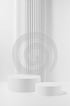 Two white round podiums with striped column as geometric decor, mockup on white background.