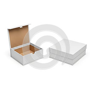 Two White Gift Boxes One Open One Closed On White Background present packaging