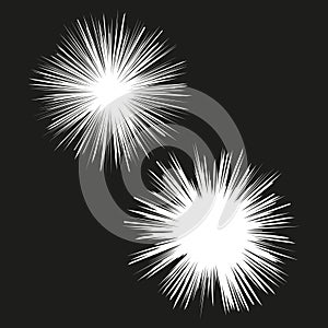 Two white starbursts on black. Radiant energy illustration. Vector illustration. EPS 10.
