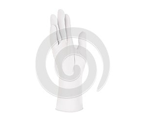 Two white surgical medical gloves isolated on white background with hands. Rubber glove manufacturing, human hand is wearing a lat