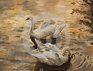 Two white swans on autumn lake. Fall scenery. Oil painting on canvas