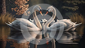 Two white swans couple swimming in lake, fantasy magical enchanted fairy tale landscape with elegant birds in love. Valentines Day