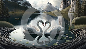 Two white swans couple swimming in lake, fantasy magical enchanted fairy tale landscape with elegant birds in love. Valentines Day