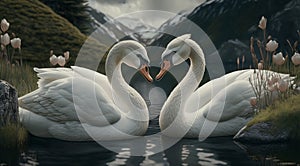 Two white swans couple swimming in lake, fantasy magical enchanted fairy tale landscape with elegant birds in love. Valentines Day