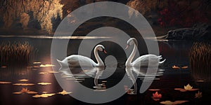 Two white swans couple swimming in lake, fantasy magical enchanted fairy tale landscape with elegant birds in love. Valentines Day