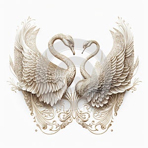 two white swans are facing each other with intricate designs on them, and one is facing the other way with its wings spread out,