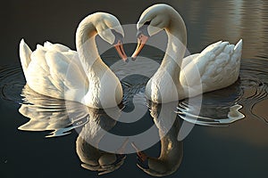 Two white swans swimming on the water. Two swans in love