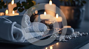 two white towels and candles on a tray with pots