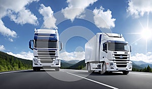 A two white trucks is on the road. Clean and empty space in the side view. Beautiful summer landscape as background, blue