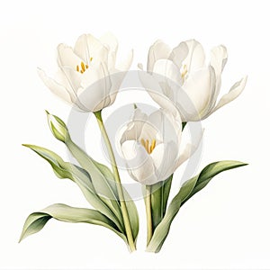 Delicately Detailed White Tulip Watercolor Painting For Product Photography photo