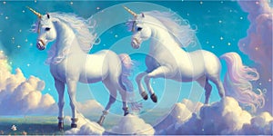 Two white unicorns drawing.Pony,Pegasus horse with horn flaying in the heaven sky with fluffy clouds