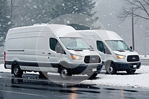 Two white vans are parked on a snowy street winter day