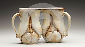 Two white vases with brown designs on them sitting next to each other, AI