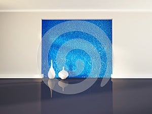 Two white vases near blue wall, 3d