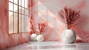 Two White Vases With Pink Flowers on Marble Floor