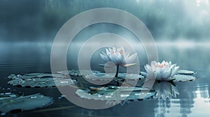 Two White Water Lilies Floating on a Body of Water