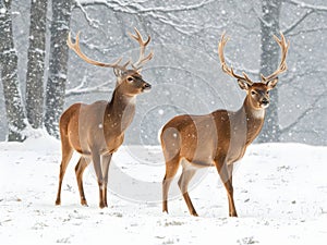 Two whitetail deer doe in a winter forest