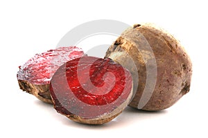 Two whole beetroots also called red beet on white background