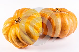 Two whole fresh orange big pumpkin on white background, closeup. Organic agricultural product, ingredients for cooking