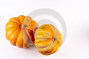 Two whole fresh orange big pumpkin on white background, closeup. Organic agricultural product, ingredients for cooking