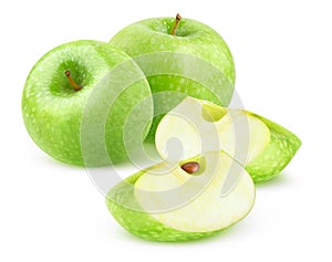 Two whole Granny Smith apples and two wedges isolated on white