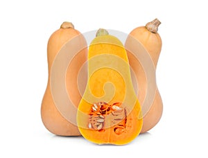 Two whole and half butternut squash isolated on white