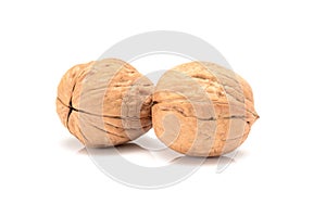 Two whole walnuts, close up macro, isolated on a white background.