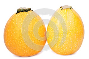 Two whole yellow zucchinis. Colorful and healthful ripe zucchinis on a white background. A tropical orange zucchini.