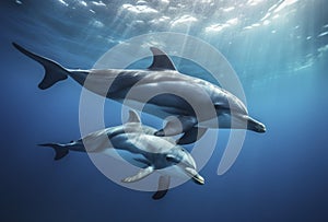 Two wild dolphins playing in sunrays underwater in blue, Generative AI