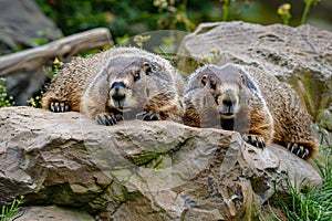 Two wild Marmots resting on rocks