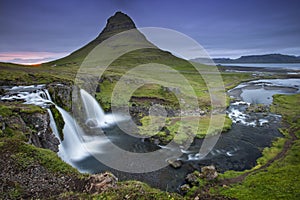 Two wild waterfall and mountaine in Iceland in twilight time photo