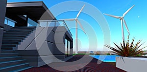 Two wind turbines as autonomous electric sours on the territory of the contemporary mansion with swimming pool. 3d rendering