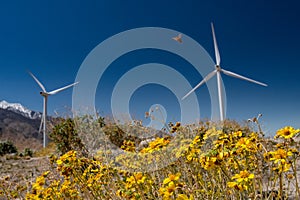 Two wind turbines in field with Monarch butterfly