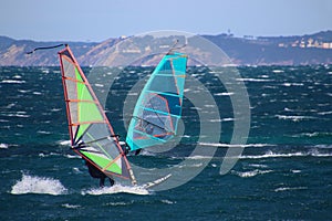 Two windsurfers at 35 knots in Almanarre, Peninsula Giens, France