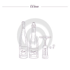 Two Wine Bottles And Corkscrew Hand Drawn Realistic Sketch