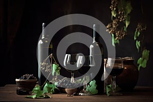 Two wine bottles with red wine, glasses with wine, black grapes and green vines on a wooden table. Black background. Created