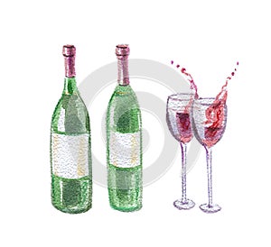 Two wine bottles and two wineglasses with splashing red wine