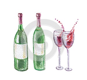 Two wine bottles and two wineglasses with splashing red wine