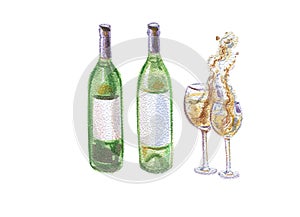 Two wine bottles and two wineglasses with splashing white wine