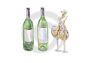 Two wine bottles and two wineglasses with splashing white wine