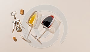Two wine glasses alongside a corkscrew and several corks