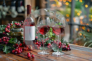 Two Wine Glasses and a Bottle of Wine on Table