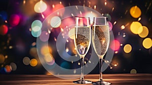 Two wine glasses for champagne with Sparkling drink, with bokeh on background in the nighttime sky. A New Year\'s Celebration