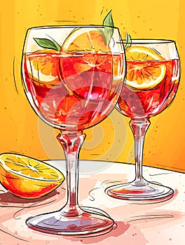 Two wine glasses filled with a red drink and a slice of orange