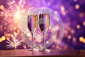 Two Wine Glasses On Lavender Color Background Of Fireworks With Empty Space. Generative AI